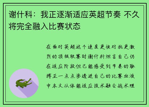 谢什科：我正逐渐适应英超节奏 不久将完全融入比赛状态